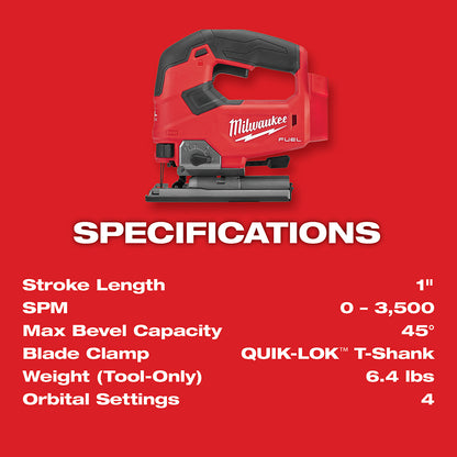 M18 FUEL™ D-handle Jig Saw with specifications on a red background