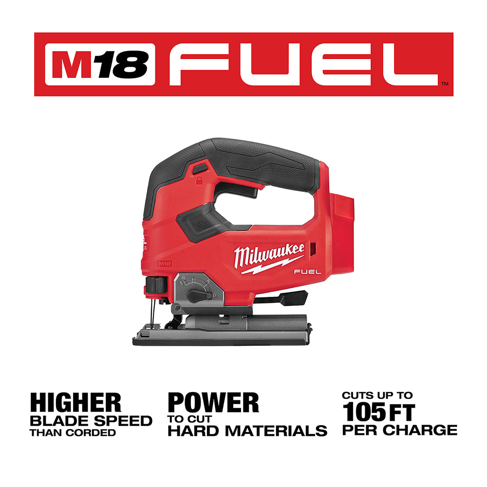 Red Milwaukee M18 FUEL jigsaw on a white background with branding and product features.