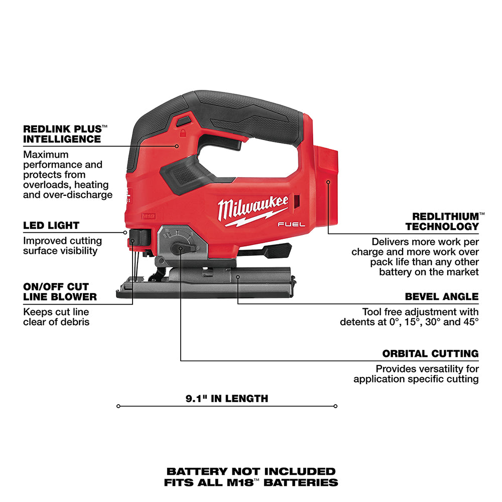 M18 FUEL™ D-handle Jig Saw with features highlighted on a white background