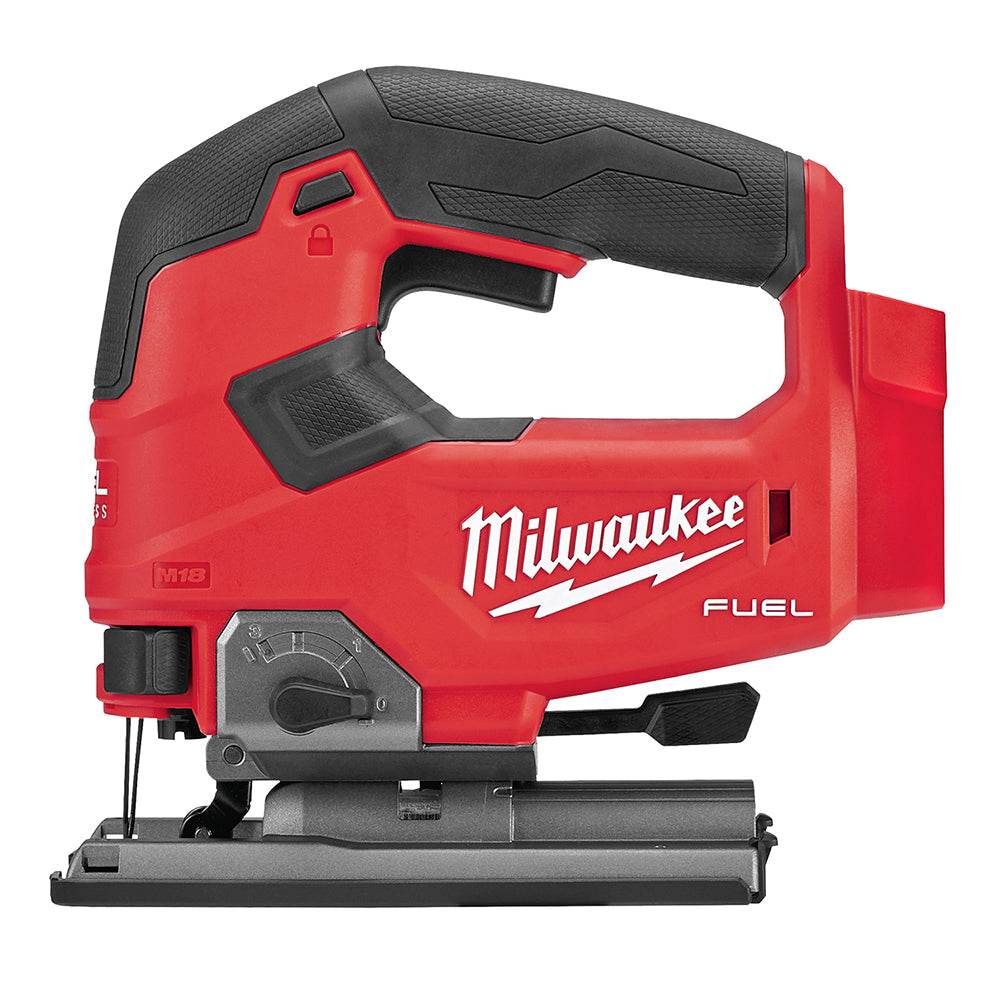 A red and black Milwaukee M18 FUEL™ D-handle Jig Saw with a brushless motor designed for cutting various materials.