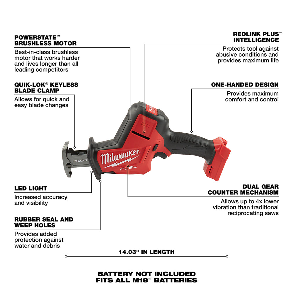 Reciprocating saw with labeled features on a white background