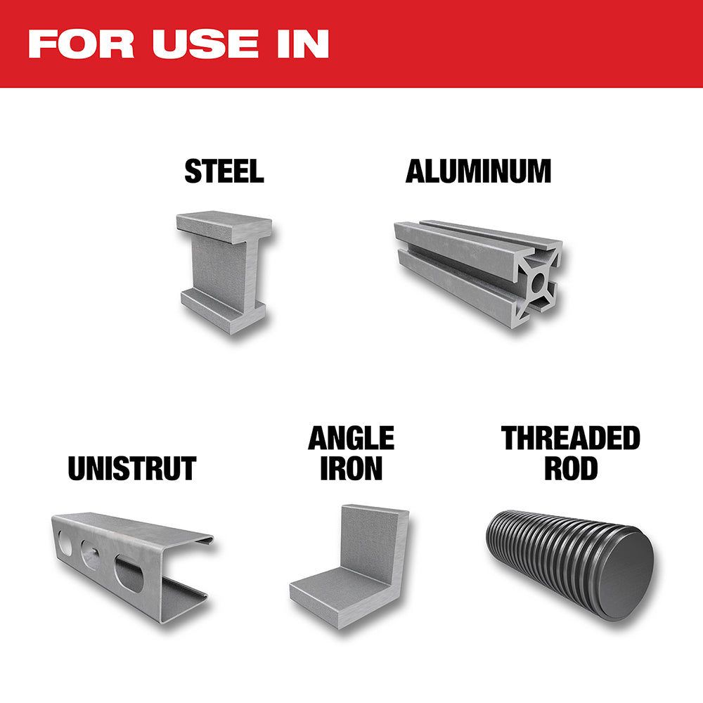 For use in Steel, Aluminum, Unistrut, Angle Iron, Treated Rod