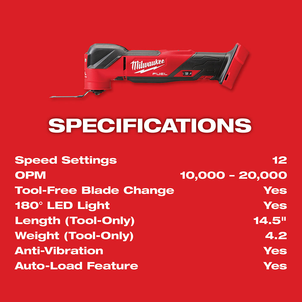 M18 FUEL™ Oscillating Multi-Tool with specifications on a red background