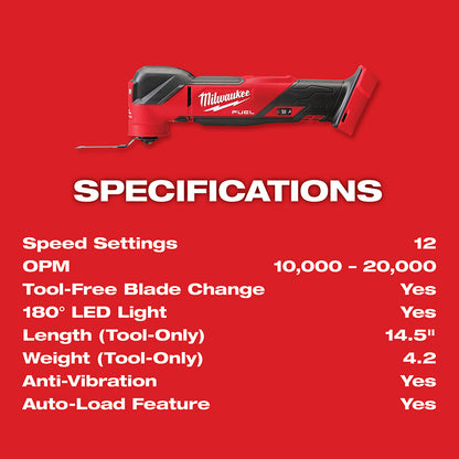 M18 FUEL™ Oscillating Multi-Tool with specifications on a red background