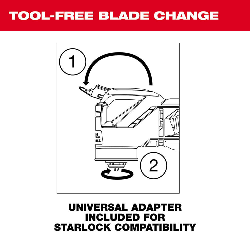 Tool-Free Blade Change - Universal Adapter included for Starlock Compatibility  