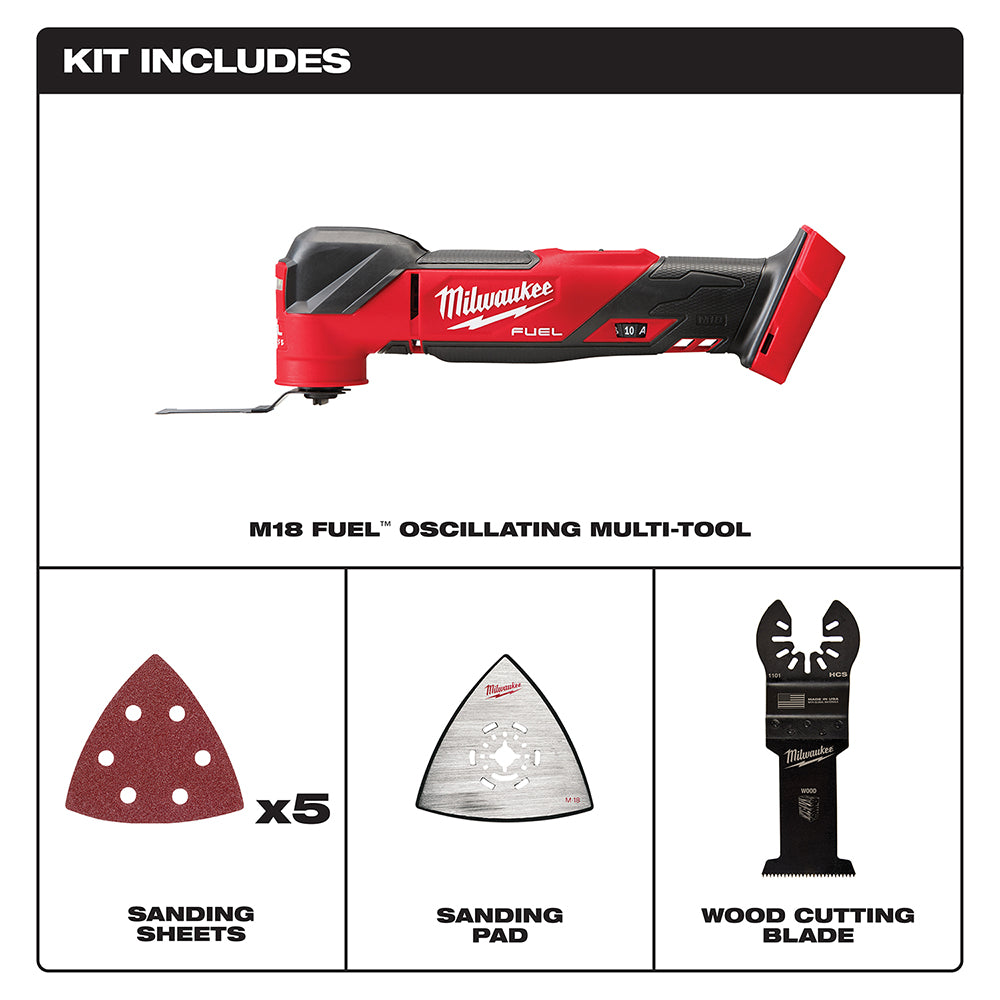 Kit includes M18 FUEL™ Oscillating Multi-Tool, 5x Sanding Sheets, Sanding Pad, and Wood Cutting Blade
