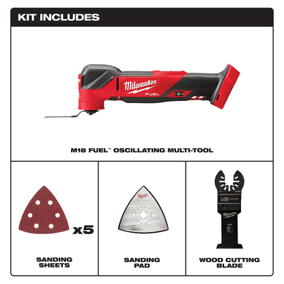 Kit includes M18 FUEL™ Oscillating Multi-Tool, 5x Sanding Sheets, Sanding Pad, and Wood Cutting Blade