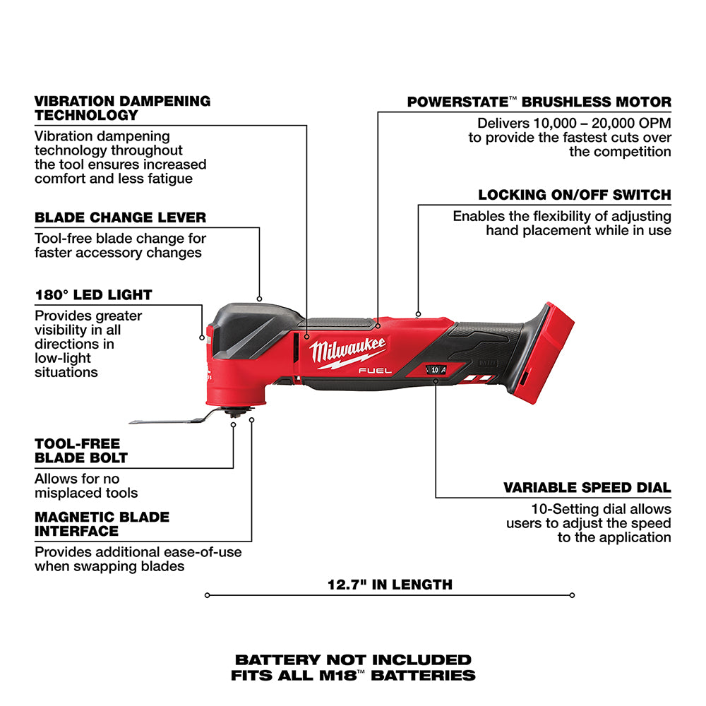 M18 FUEL™ Oscillating Multi-Tool with labeled features on a white background