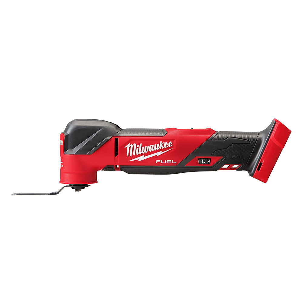 Milwaukee M18 FUEL Oscillating Multi-Tool in red and black color with a blade attached.