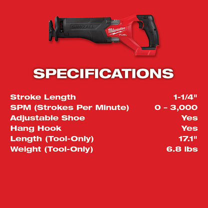 Milwaukee Sawzall reciprocating saw on a red background with specifications listed.