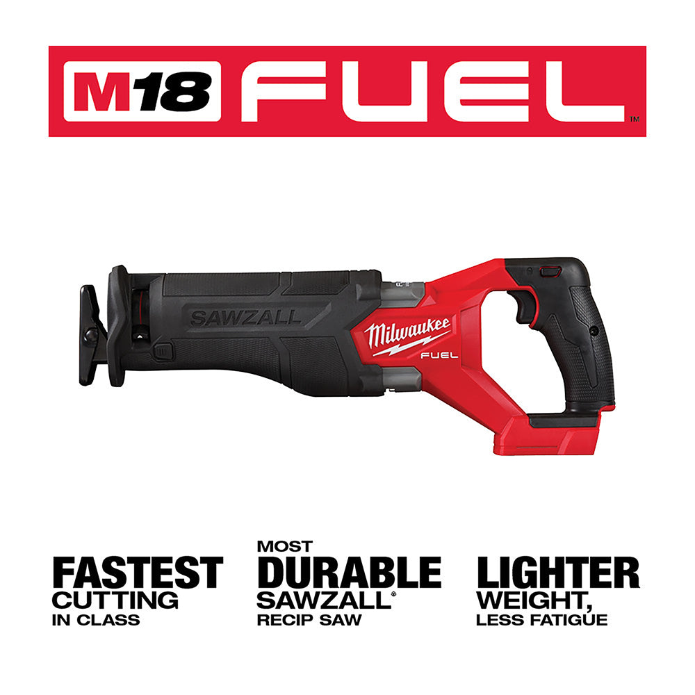 Milwaukee M18 FUEL Sawzall on a white background with branding and product features.