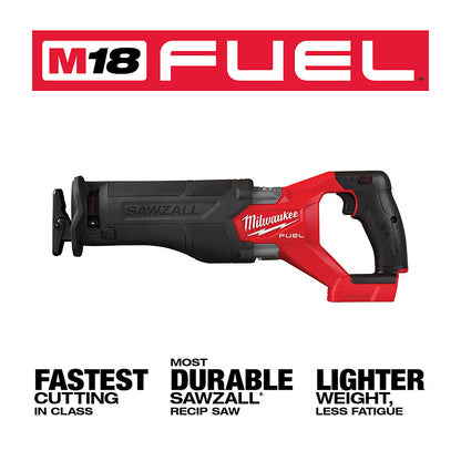 Milwaukee M18 FUEL Sawzall on a white background with branding and product features.