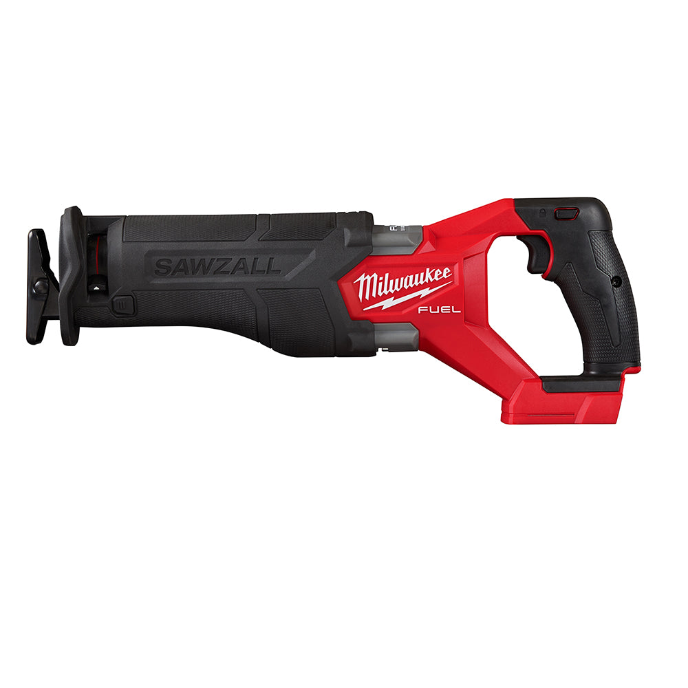 Milwaukee M18 FUEL SAWZALL Reciprocating Saw, primarily black and red in color, with a compact design and a hanging hook.