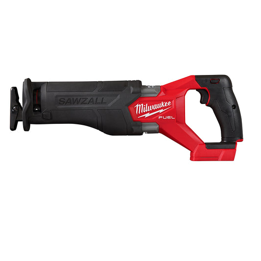 Milwaukee M18 FUEL SAWZALL Reciprocating Saw, primarily black and red in color, with a compact design and a hanging hook.