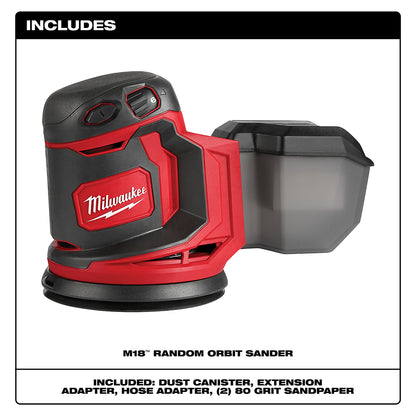 M18™ Random Orbit Sander with accessories on a white background.