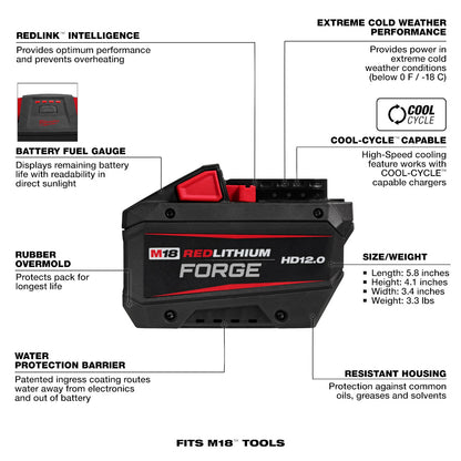 M18™ REDLITHIUM™ FORGE™ HD12.0 Battery Pack with features highlighted on a white background
