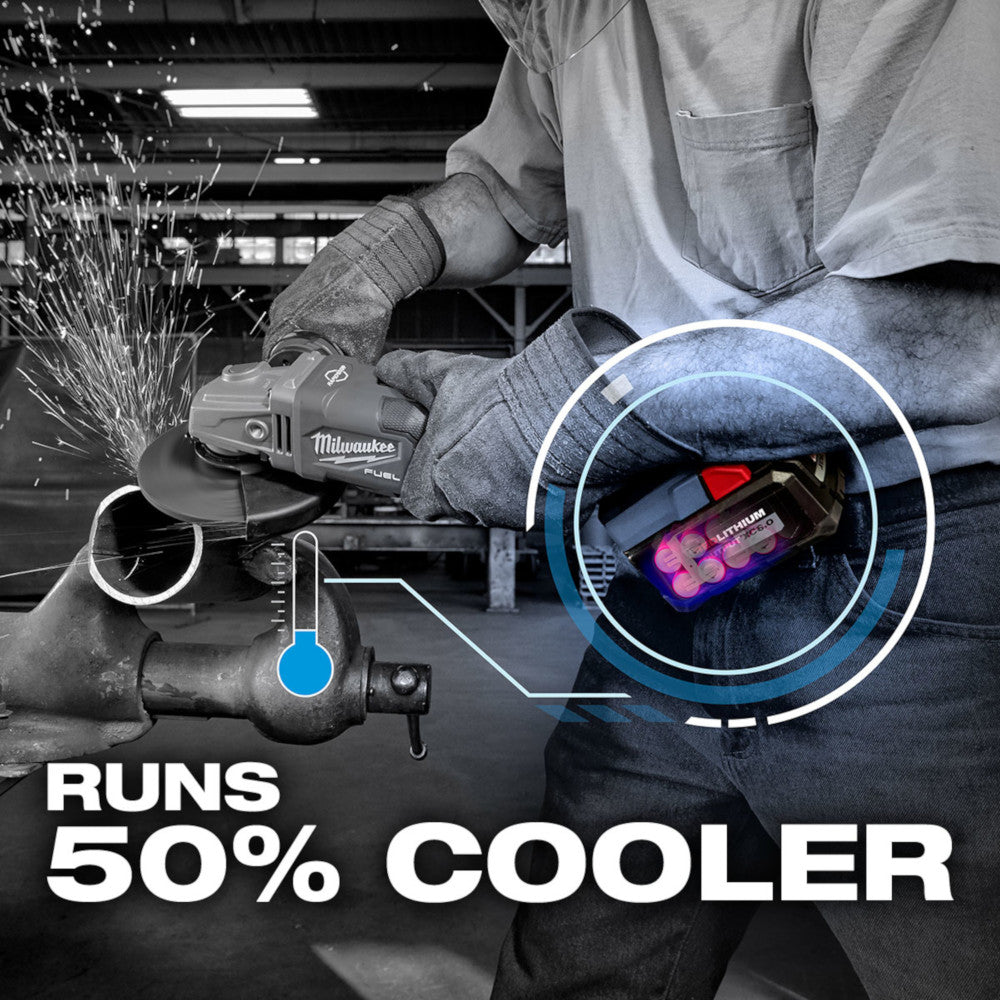 Person using a power tool with focus on battery and cooling system. Runs 50% Cooler
