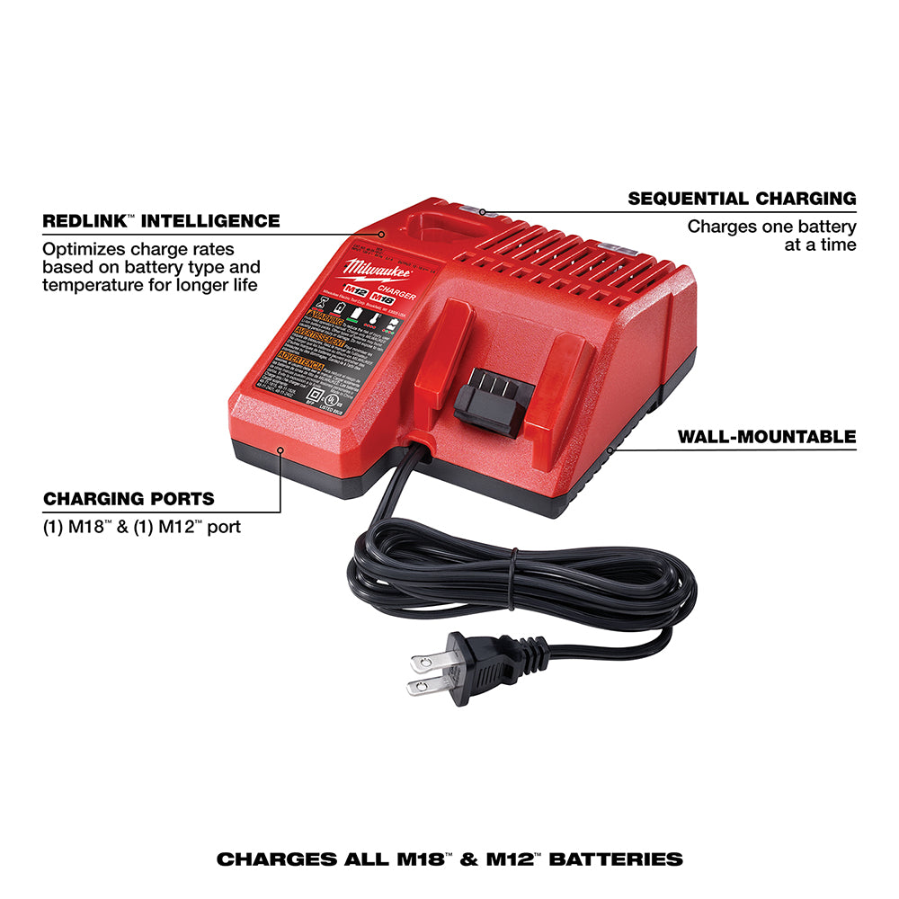 Red charging station with charging ports and cable on white background