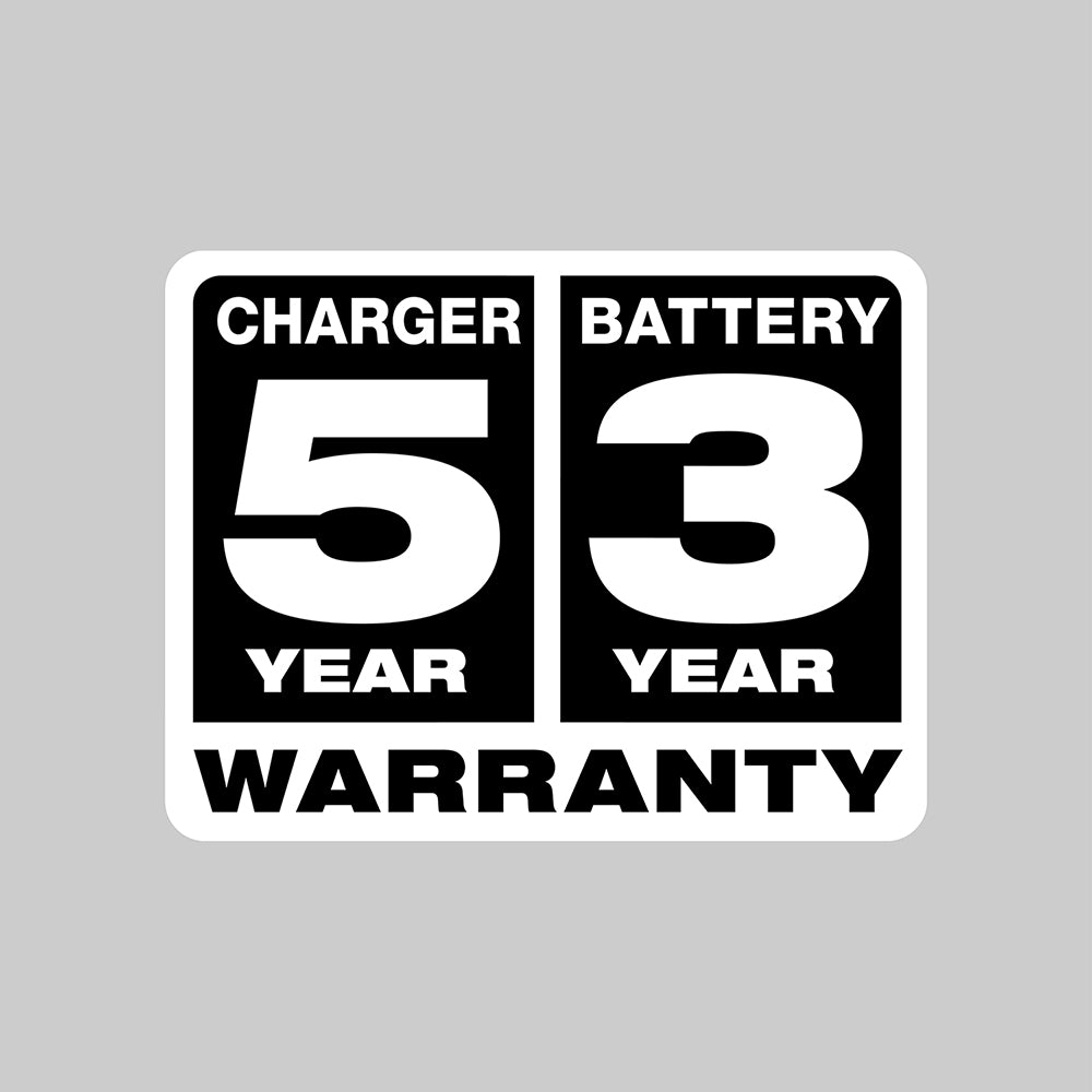 Charger 5 Year, Battery 3 Year Warranty