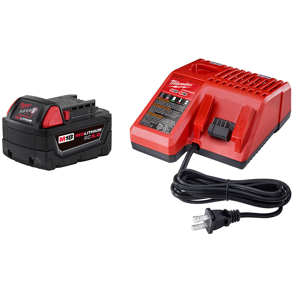 An image showing a red and black M18 REDLITHIUM XC 5.0Ah battery next to an M18 & M12 Multi-Voltage Charger, both by Milwaukee.