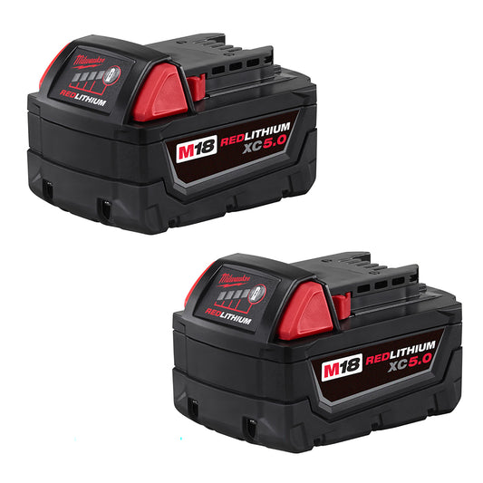 Two black and red M18 REDLITHIUM XC 5.0Ah extended capacity batteries.