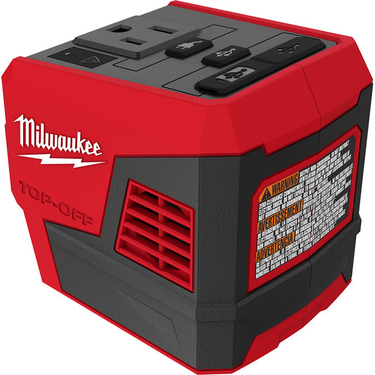 A red and black Milwaukee M18 TOP-OFF 175W power supply with multiple output ports including AC 120V outlet, USB-C PD, and USB-A.