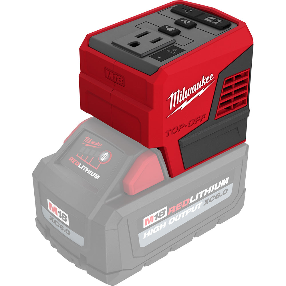 Milwaukee M18 TOP-OFF 175W power supply and battery on a white background