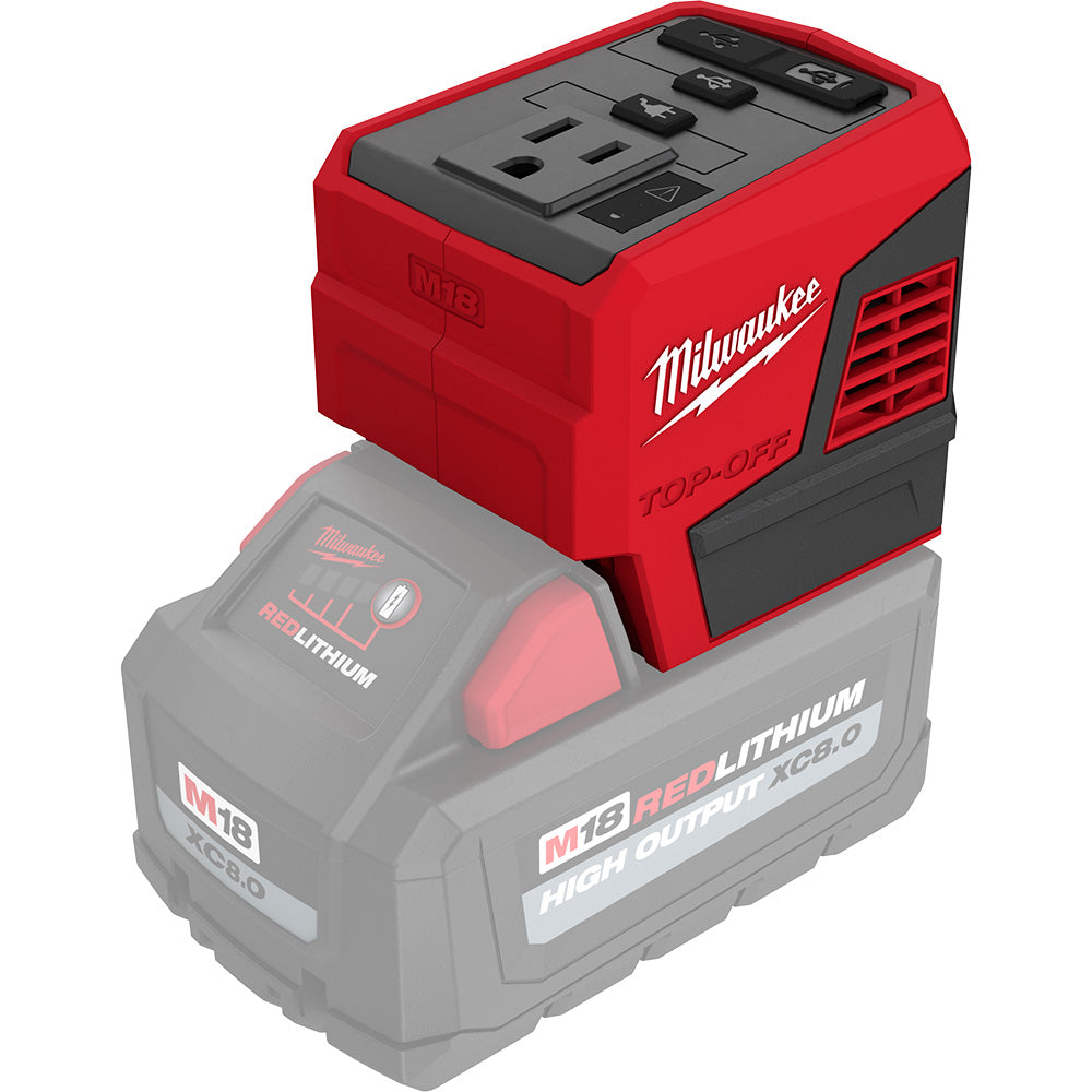 Milwaukee M18 TOP-OFF 175W power supply and battery on a white background