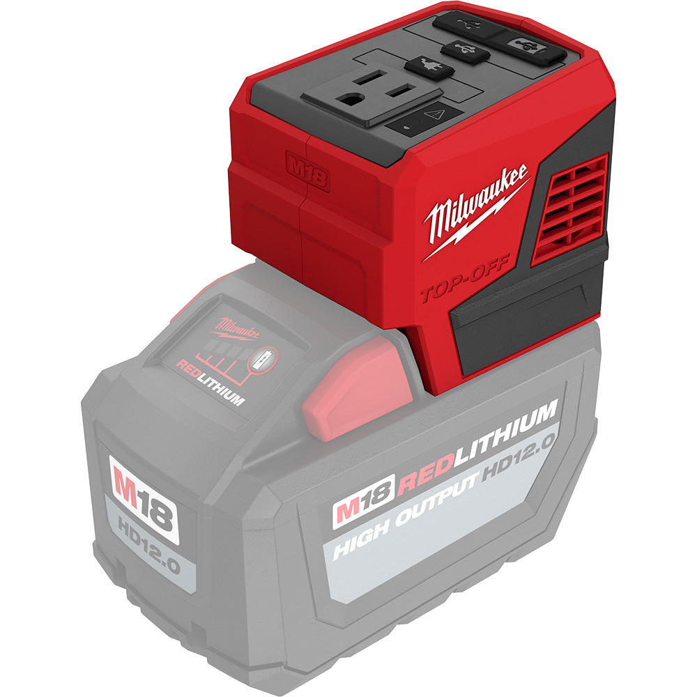 Milwaukee M18 TOP-OFF 175W power supply and battery pack on a white background
