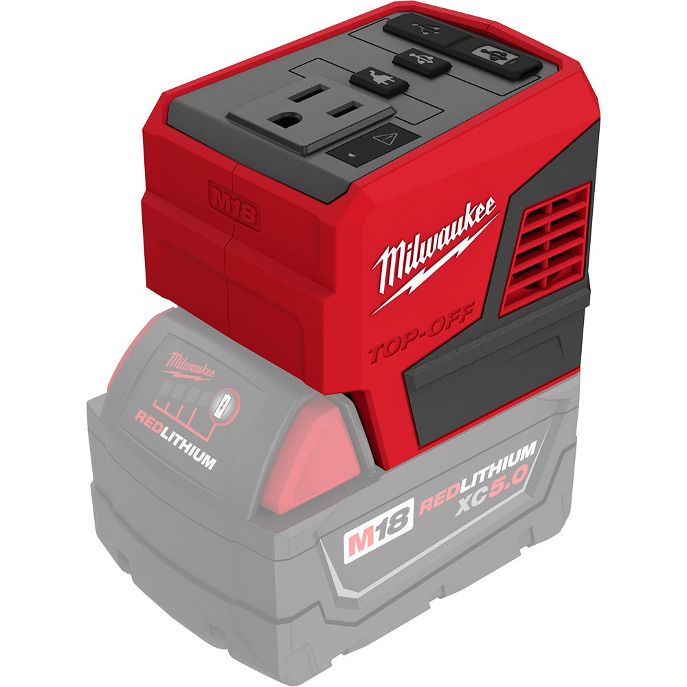 Milwaukee M18 TOP-OFF 175W power supply and battery on a white background