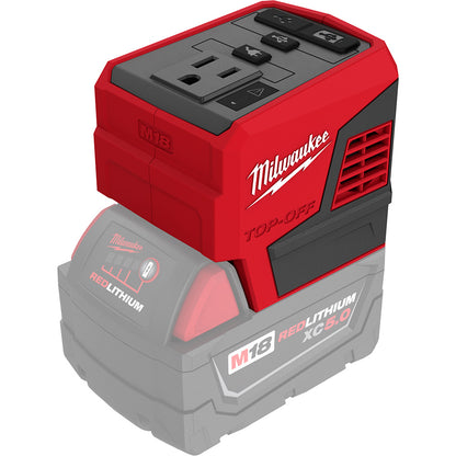 Milwaukee M18 TOP-OFF 175W power supply and battery on a white background