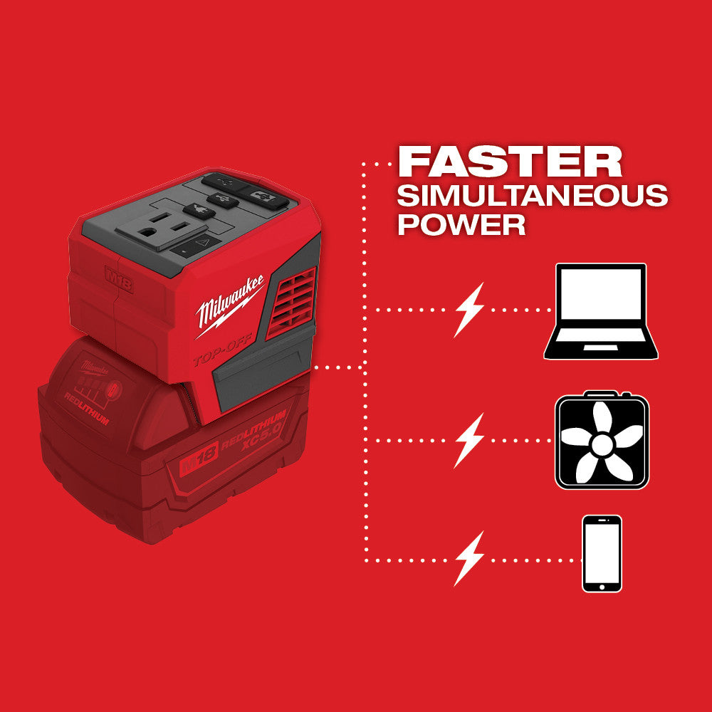 Milwaukee M18 TOP-OFF 175W power supply with faster simultaneous power text and icons on a red background