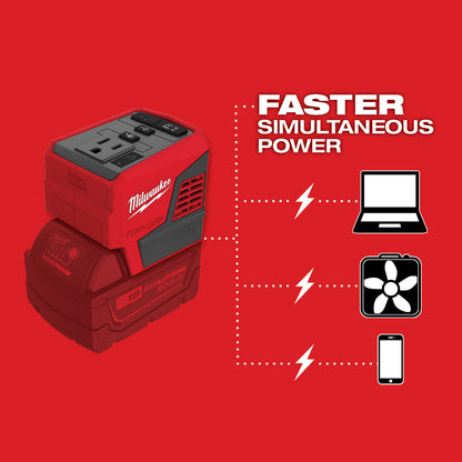 Milwaukee M18 TOP-OFF 175W power supply with faster simultaneous power text and icons on a red background