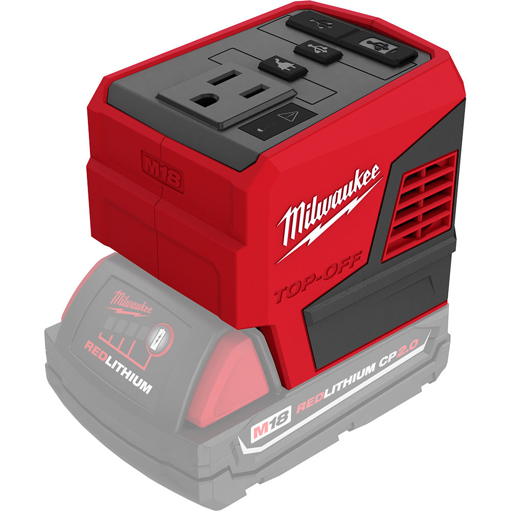 Milwaukee M18 TOP-OFF 175W power supply with outlets and ports.
