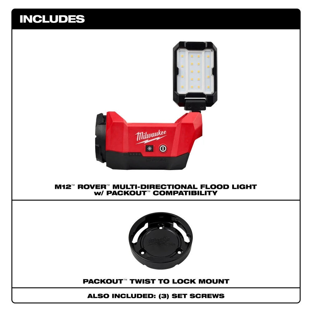 Milwaukee M12 Rover multi-directional flood light with Packout compatibility on a white background.