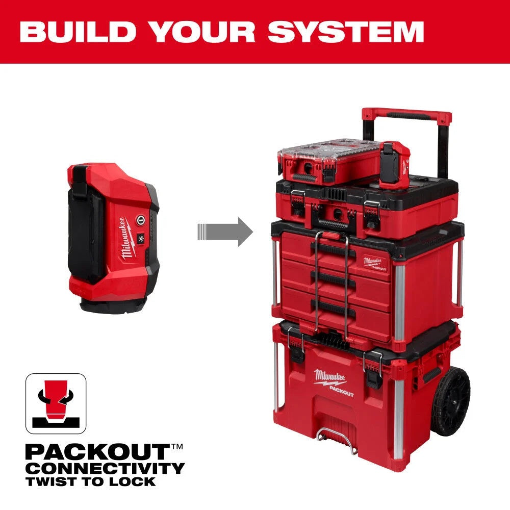 Red Milwaukee tool cart with multiple storage boxes and a battery pack on a white background.