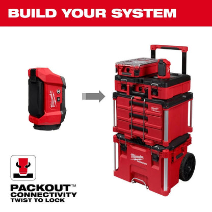 Red Milwaukee tool cart with multiple storage boxes and a battery pack on a white background.