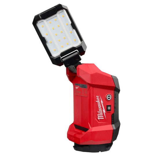 Red Milwaukee work light on a white background