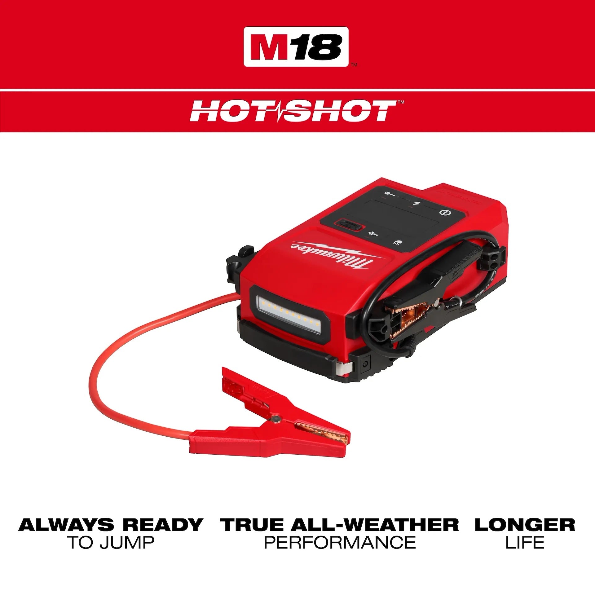 Red Milwaukee M18 Hot Shot jump starter on a white background with branding and product features.