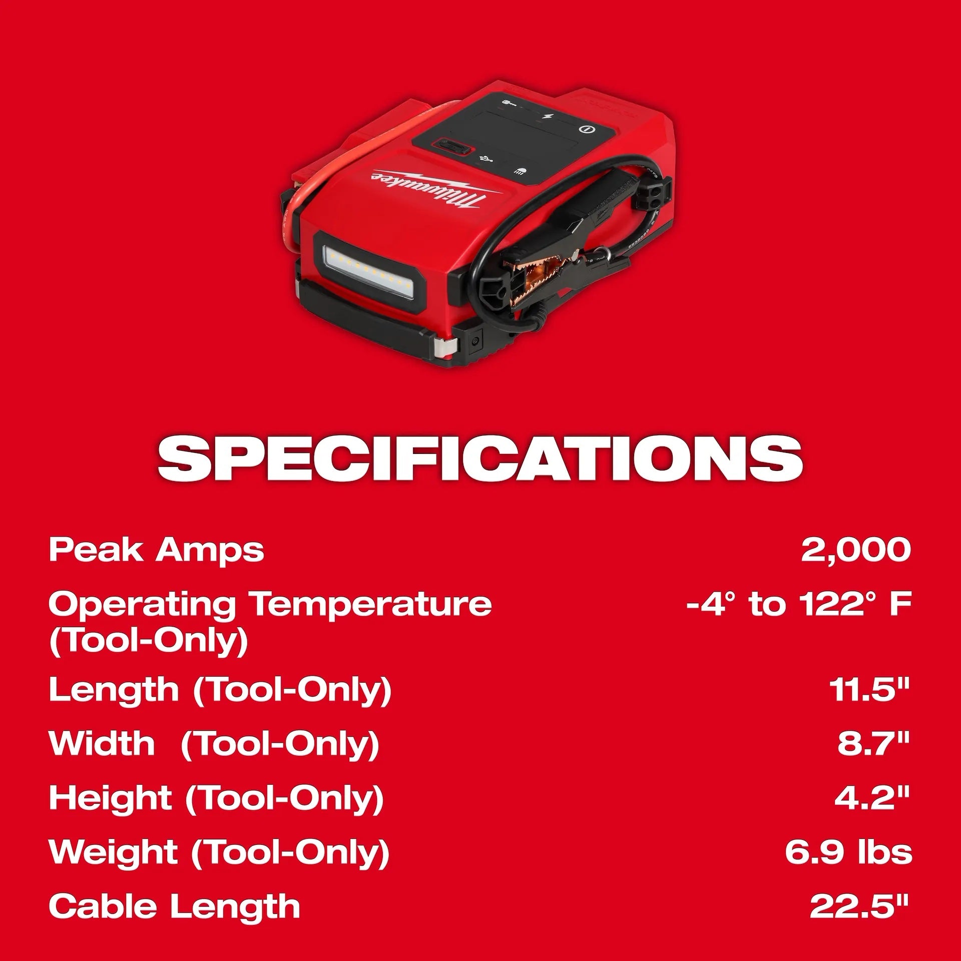 Red jump starter with specifications on a red background