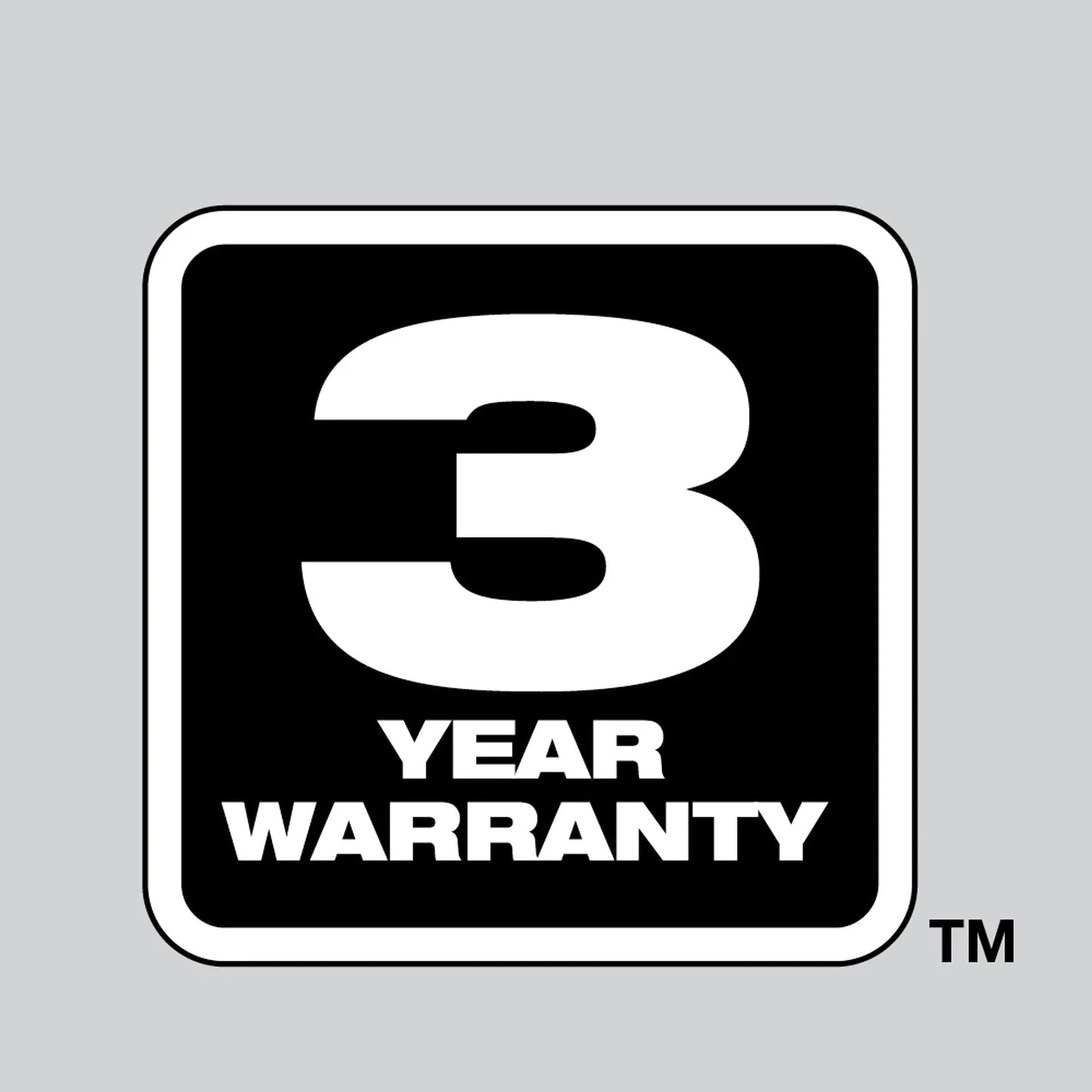 Three-year warranty logo on a gray background