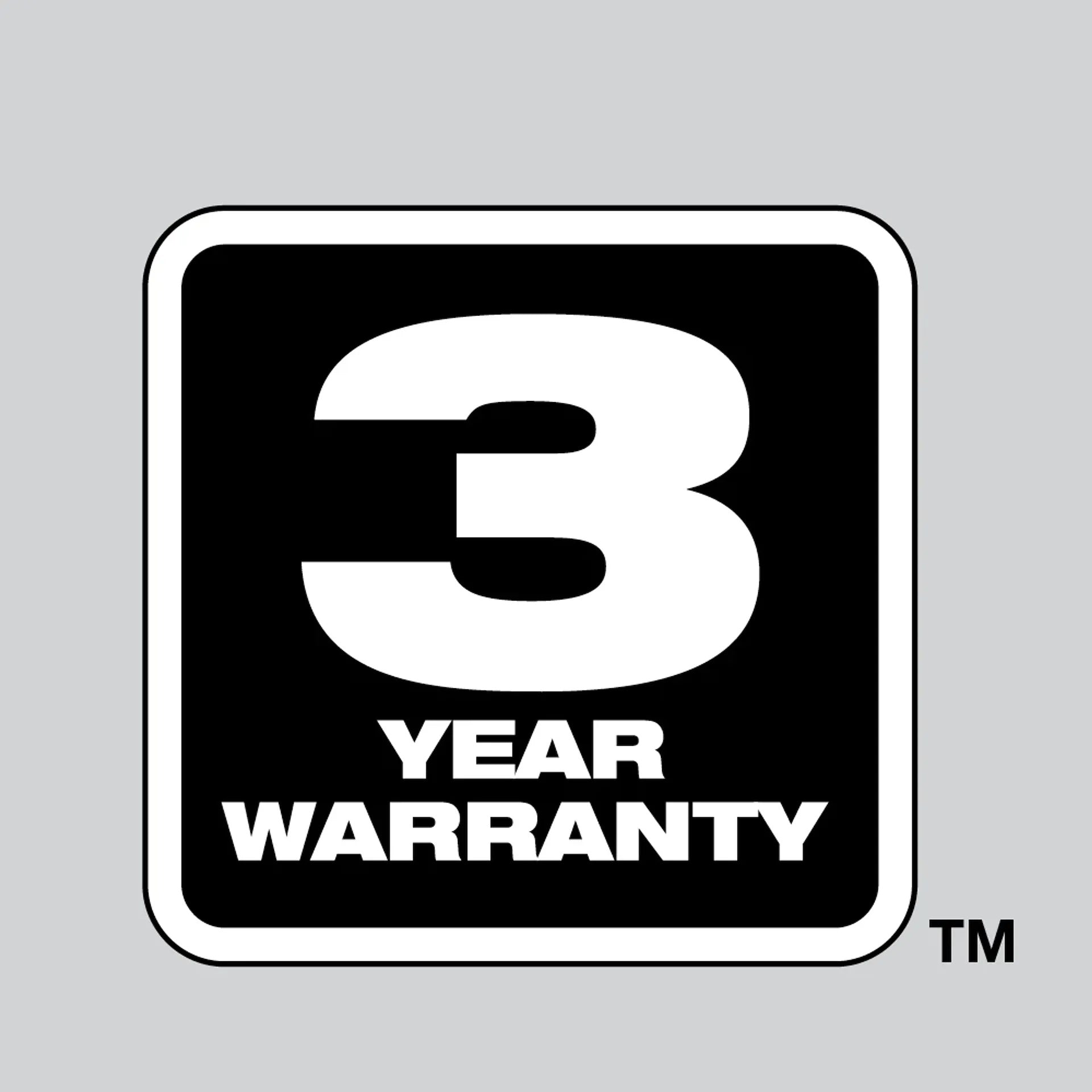 Three-year warranty logo on a gray background