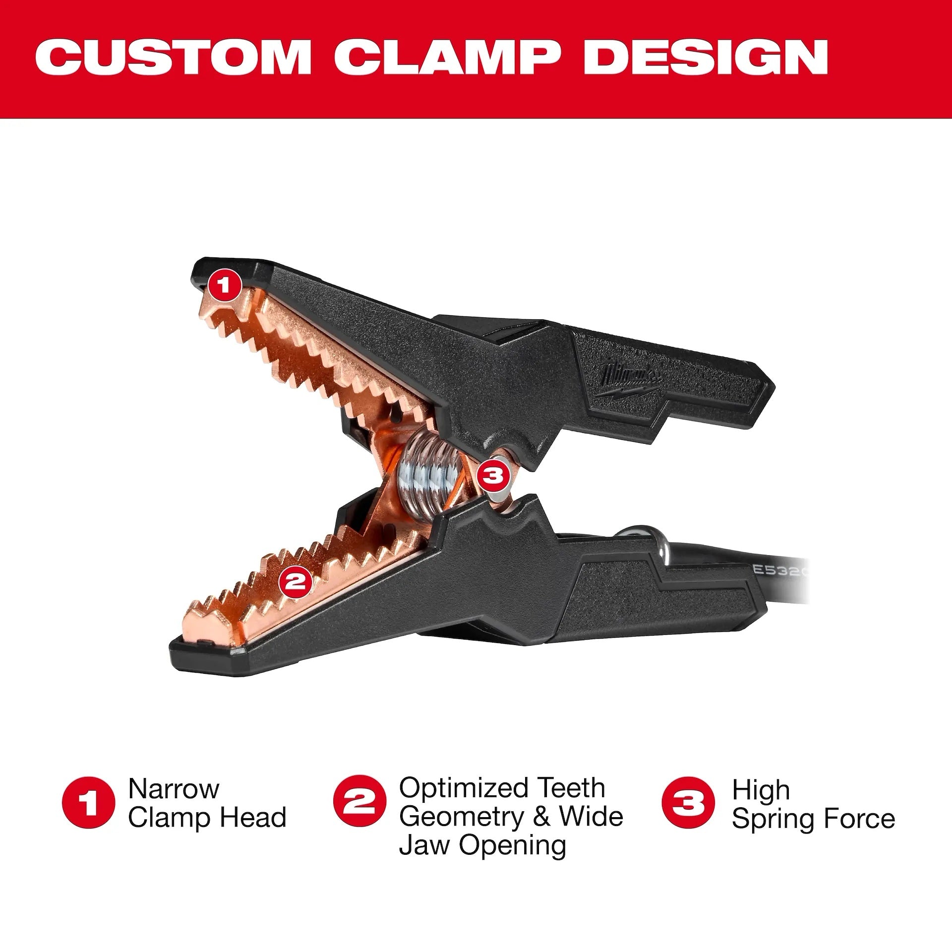 Custom clamp design with labeled features on a white background