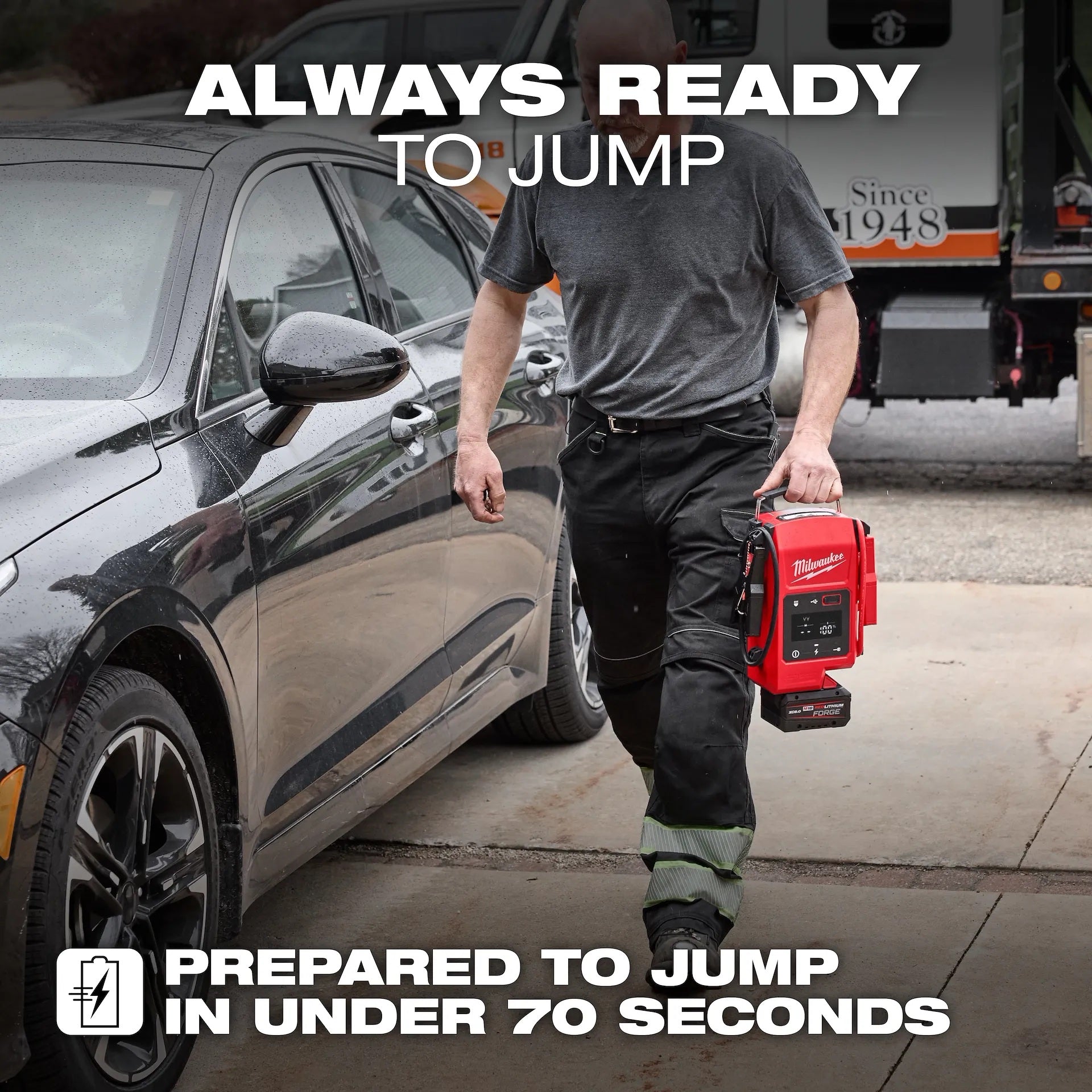 Person holding a jump starter next to a car with promotional text about jump starting capabilities.