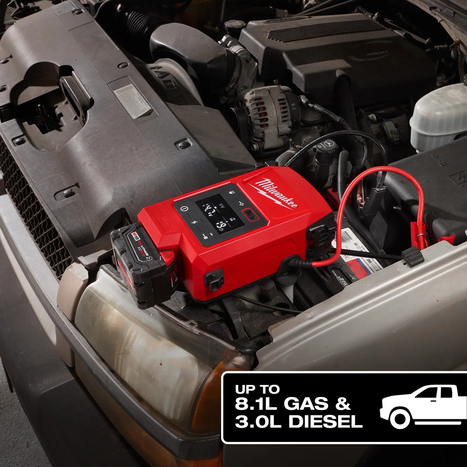 Milwaukee battery pack on a car engine with text indicating compatibility.