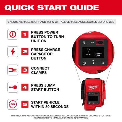 Quick start guide for a Milwaukee jump starter with step-by-step instructions and product image.