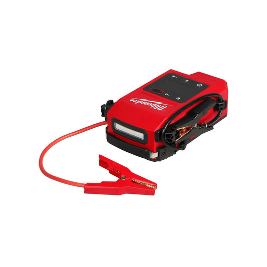 Red Milwaukee jump starter on a white background