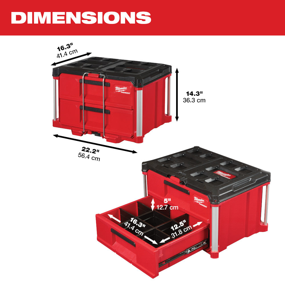 PACKOUT™ 2-Drawer Tool Box with dimensions displayed