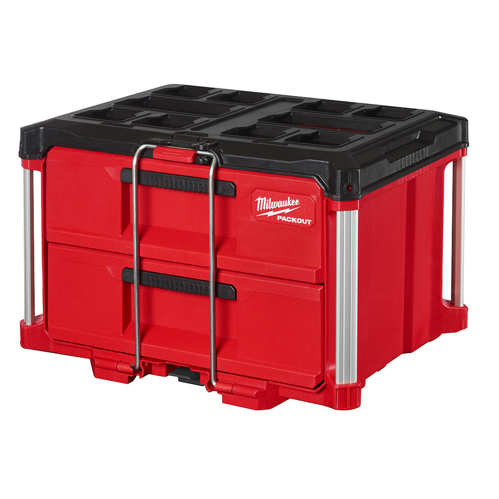A red and black MILWAUKEE PACKOUT 2-Drawer Tool Box with a locking security bar and metal reinforced corners.