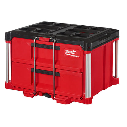 A red and black MILWAUKEE PACKOUT 2-Drawer Tool Box with a locking security bar and metal reinforced corners.